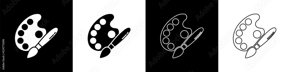 Set Paint brush with palette icon isolated on black and white background. Vector Illustration