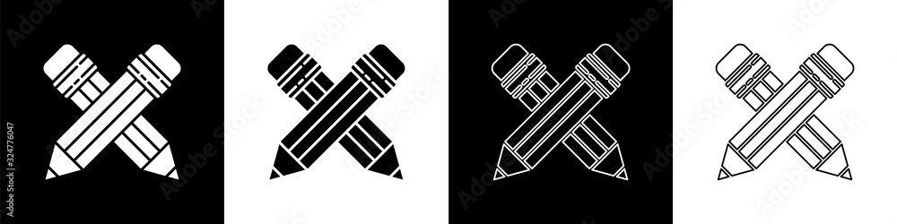 Set Crossed pencil with eraser icon isolated on black and white background. Drawing and educational 