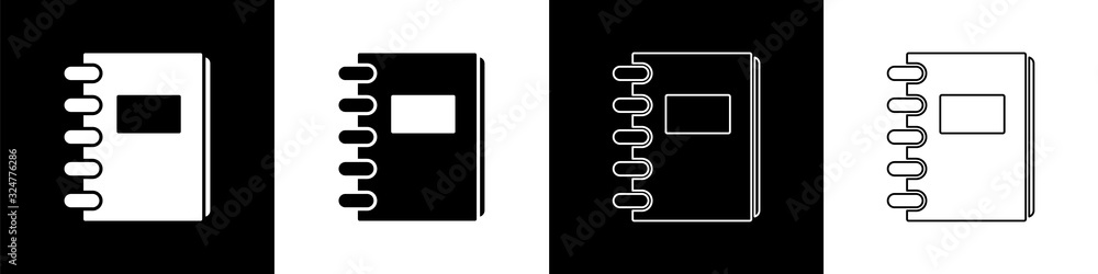 将笔记本图标隔离在黑白背景上。螺旋形笔记本图标。学校笔记本。书写