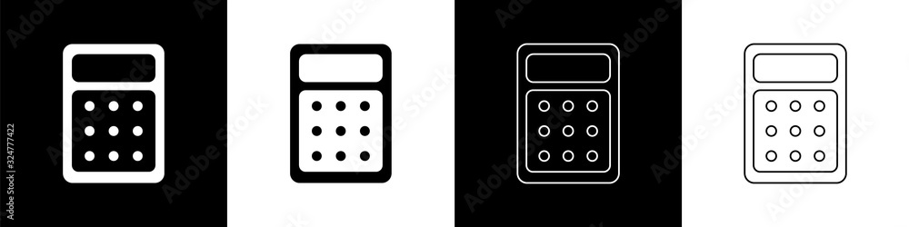 Set Calculator icon isolated on black and white background. Accounting symbol. Business calculations