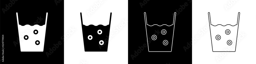 Set Glass with water icon isolated on black and white background.苏打水玻璃。矢量插图