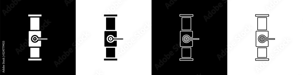 将工业金属管道和阀门图标隔离在黑白背景上。矢量插图