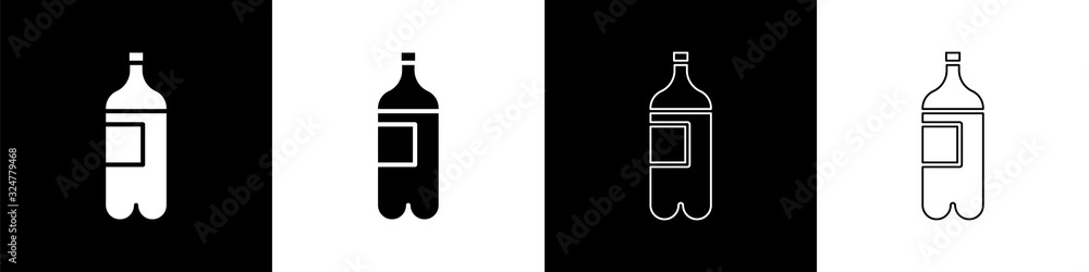 Set Bottle of water icon isolated on black and white background. Soda aqua drink sign. Vector Illust