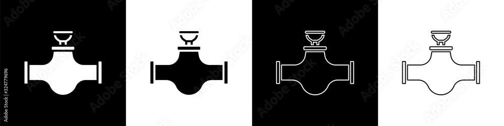 将工业金属管道和阀门图标隔离在黑白背景上。矢量插图