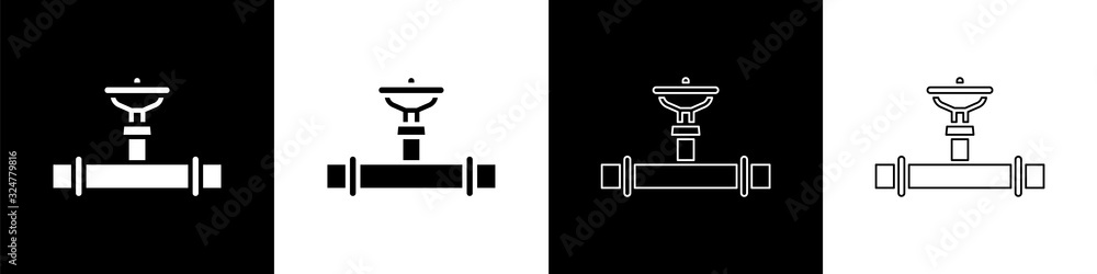 将工业金属管道和阀门图标隔离在黑白背景上。矢量插图
