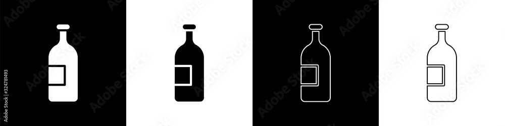 将酒精饮料瓶图标隔离在黑白背景上。矢量插图