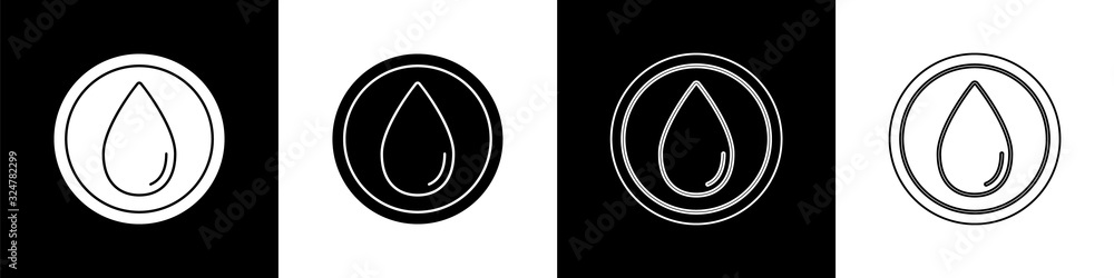 Set Water drop icon isolated on black and white background. Vector Illustration