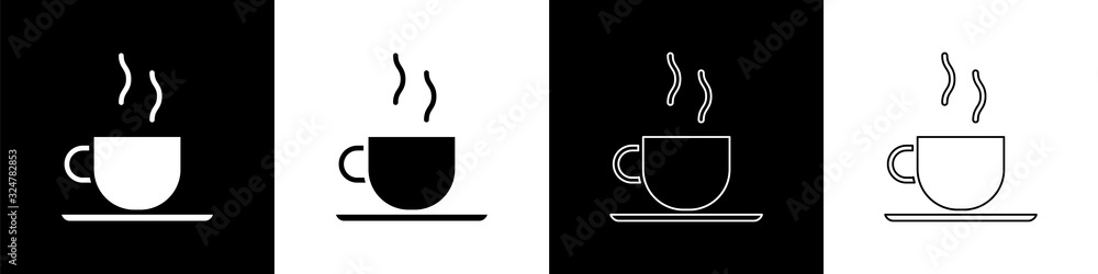 Set Coffee cup icon isolated on black and white background. Tea cup. Hot drink coffee. Vector Illust