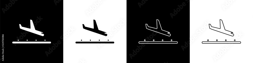 将飞机着陆图标隔离在黑白背景上。飞机运输符号。矢量III