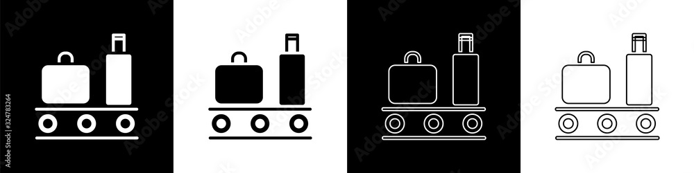 Set Airport conveyor belt with passenger luggage, suitcase, bag, baggage icon isolated on black and 