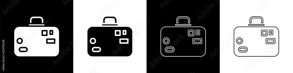 Set Suitcase for travel icon isolated on black and white background. Traveling baggage sign. Travel 