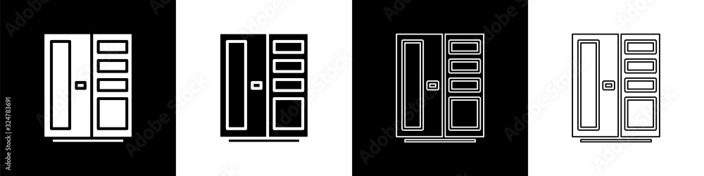 将衣柜图标设置为隔离在黑白背景上。矢量插图