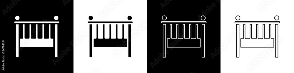 将婴儿床摇篮床图标隔离在黑白背景上。矢量插图