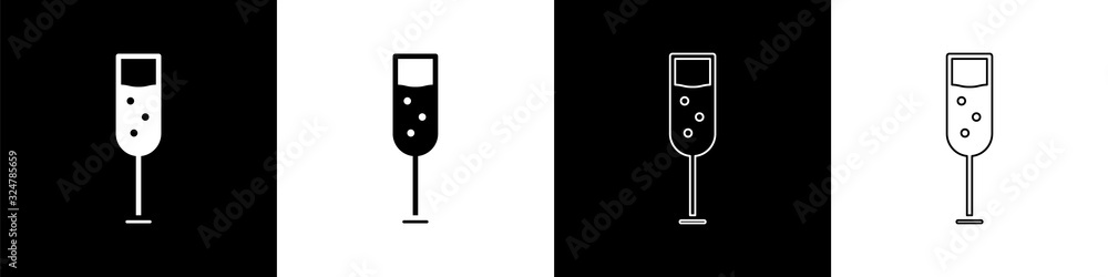 Set Glass of champagne icon isolated on black and white background. Vector Illustration