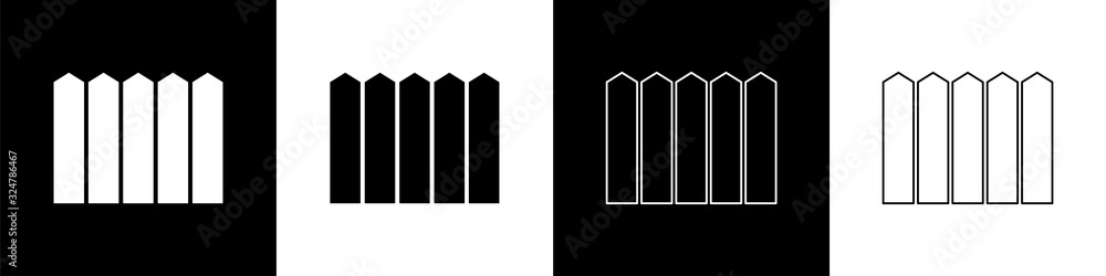 设置隔离在黑白背景上的花园围栏木制图标。矢量插图