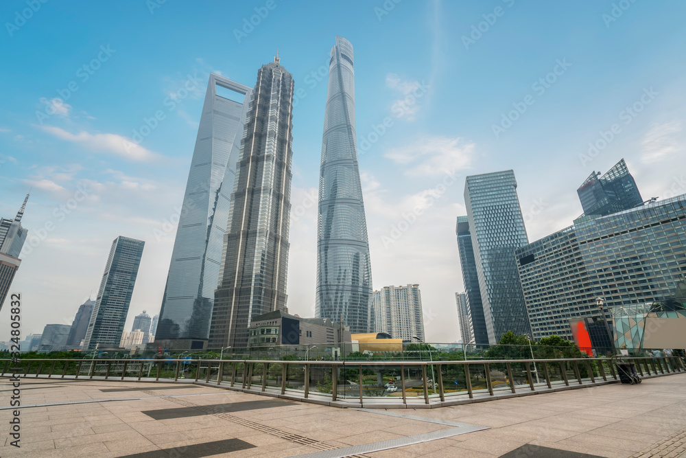 Building street and office building of Lujiazui Financial District, Shanghai..