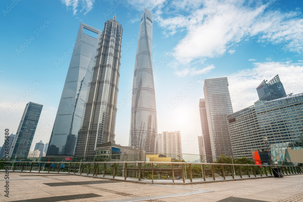 Building street and office building of Lujiazui Financial District, Shanghai..