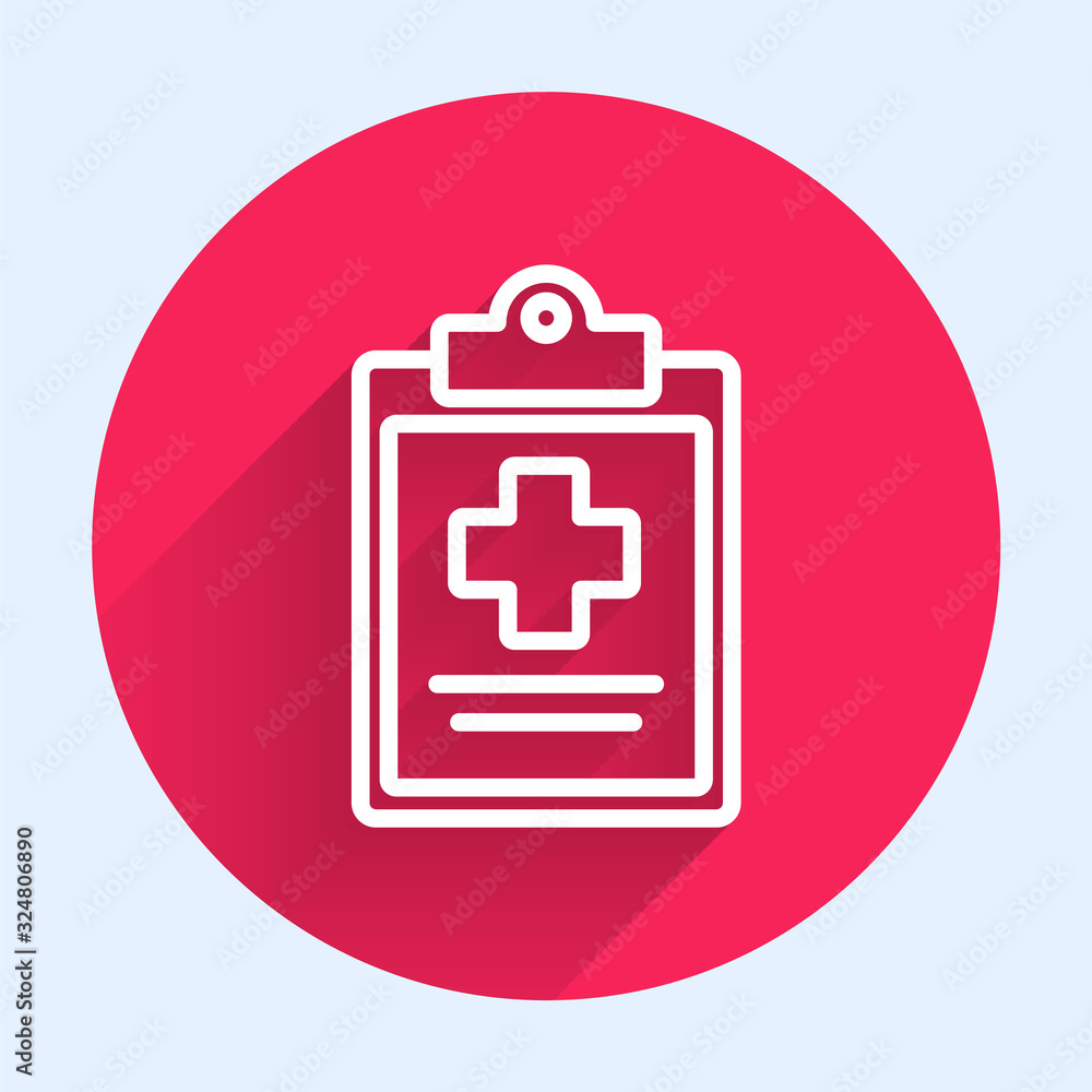 White line Medical clipboard with clinical record icon isolated with long shadow. Health insurance f