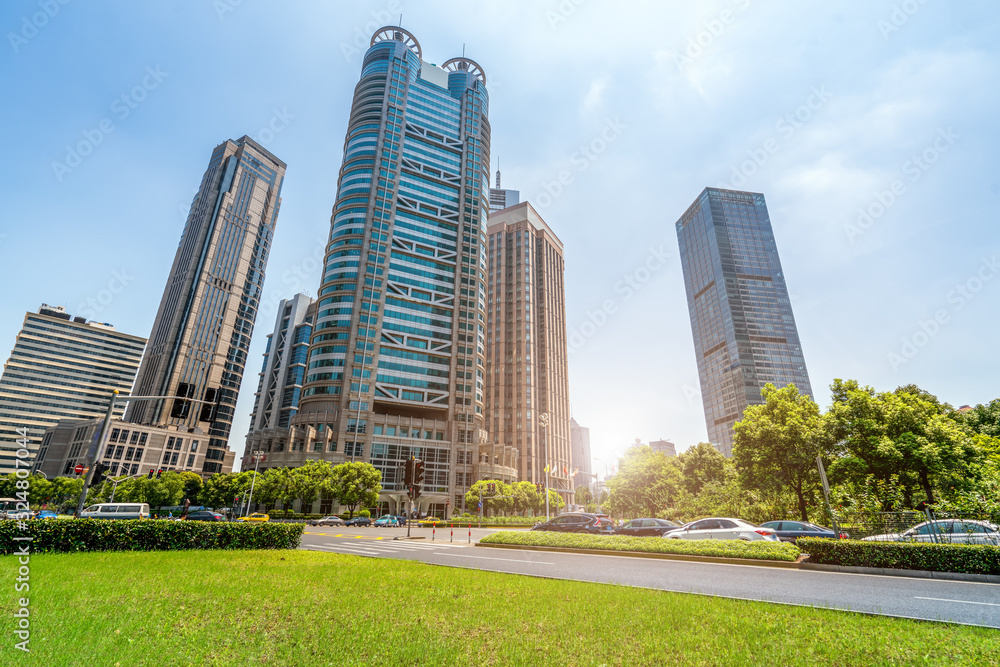 Park, grassland, forest and urban modern architecture skyline..