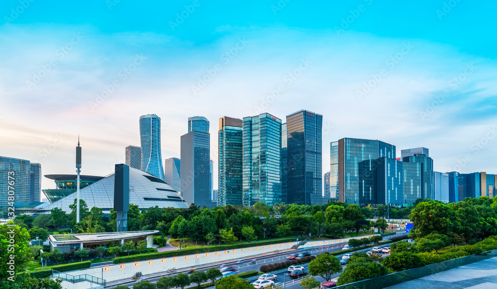 Hangzhou Financial District Plaza and building landscape skyline..