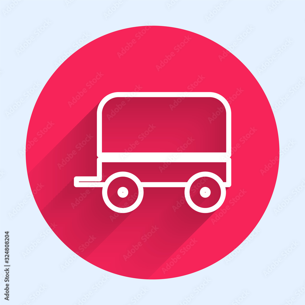 White line Wild west covered wagon icon isolated with long shadow. Red circle button. Vector Illustr