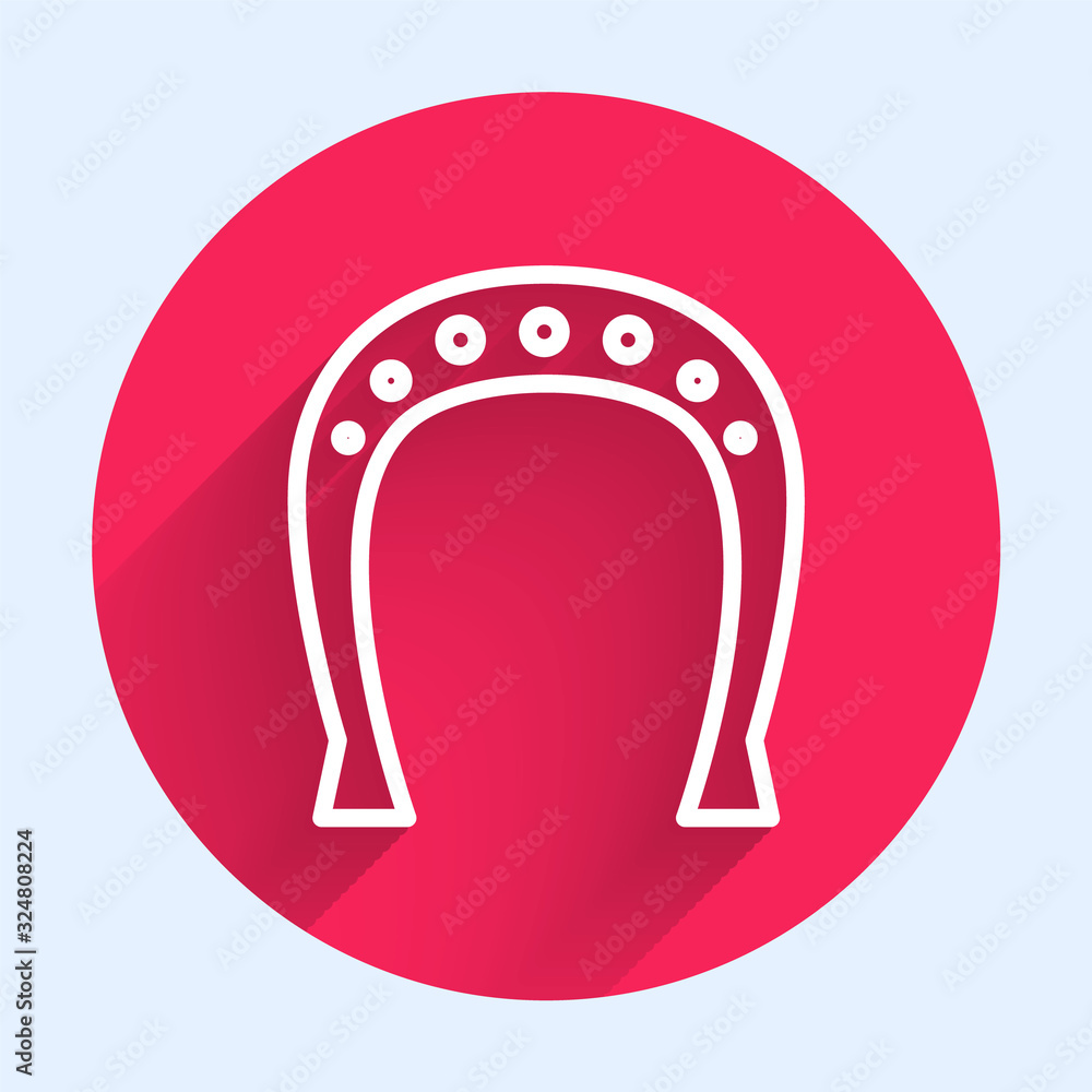 White line Horseshoe icon isolated with long shadow. Red circle button. Vector Illustration