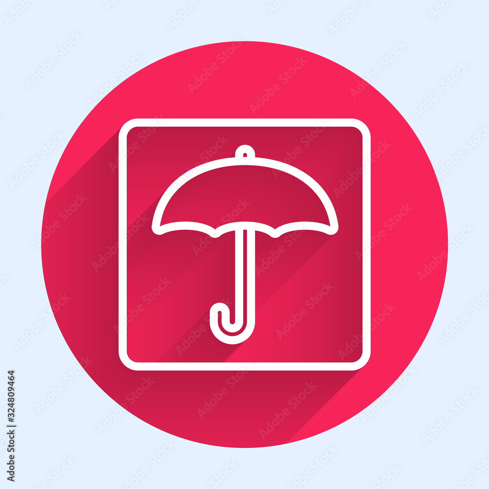 White line Umbrella icon isolated with long shadow. Waterproof icon. Protection, safety, security co