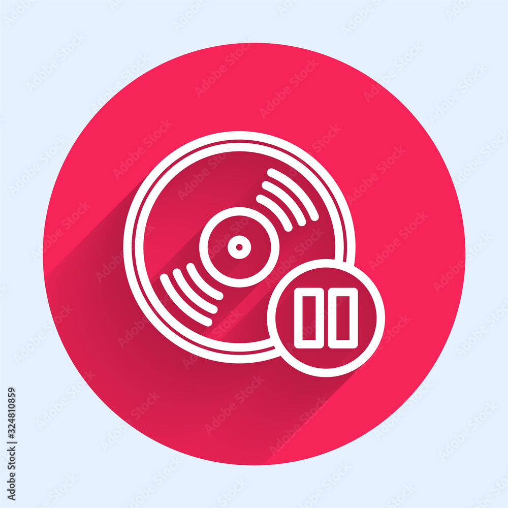 White line Vinyl disk icon isolated with long shadow. Red circle button. Vector Illustration