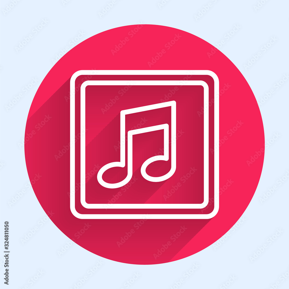 White line Music note, tone icon isolated with long shadow. Red circle button. Vector Illustration