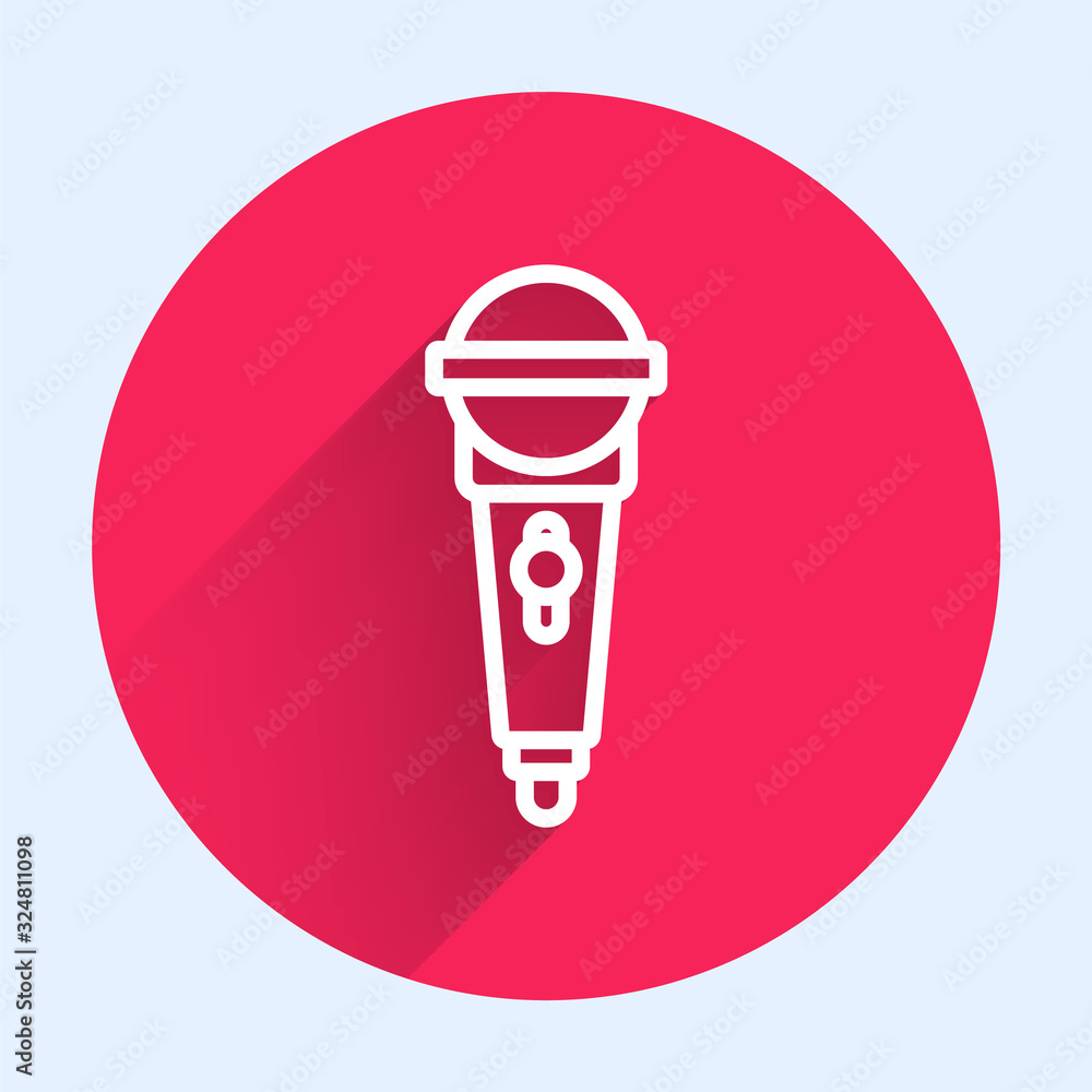 White line Microphone icon isolated with long shadow. On air radio mic microphone. Speaker sign. Red