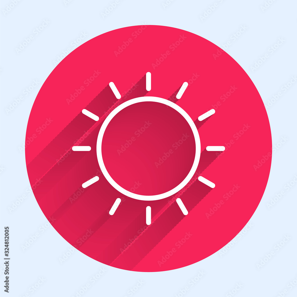 White line Sun icon isolated with long shadow. Summer symbol. Good sunny day. Red circle button. Vec