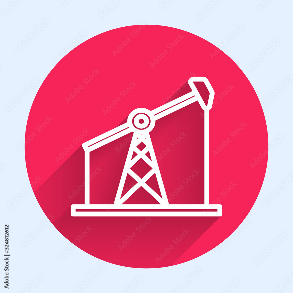 White line Oil pump or pump jack icon isolated with long shadow. Oil rig. Red circle button. Vector 