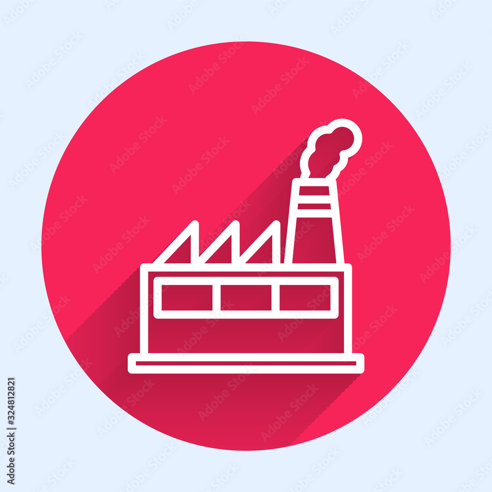 White line Oil and gas industrial factory building icon isolated with long shadow. Red circle button