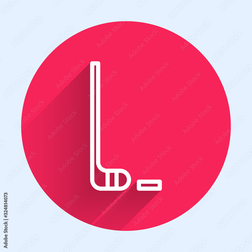 White line Ice hockey stick and puck icon isolated with long shadow. Red circle button. Vector Illus