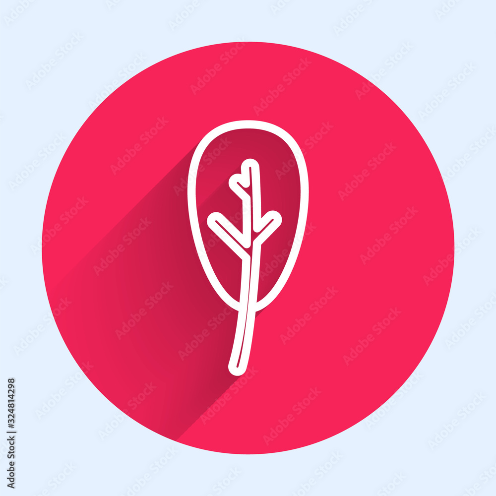 White line Leaf icon isolated with long shadow. Leaves sign. Fresh natural product symbol. Red circl