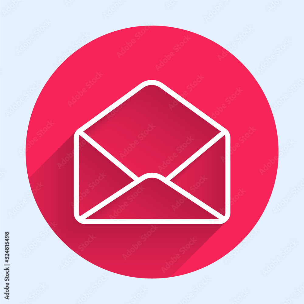 White line Envelope icon isolated with long shadow. Email message letter symbol. Red circle button. 