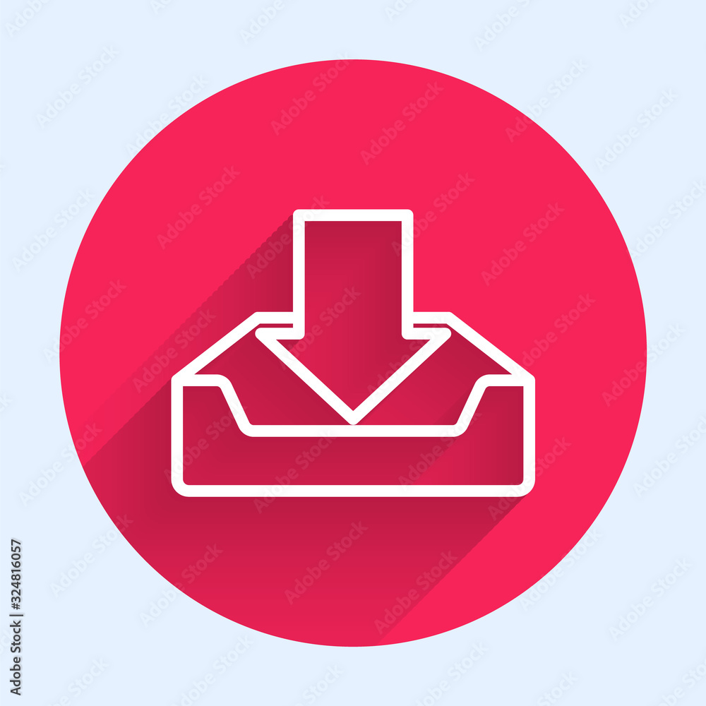 White line Download inbox icon isolated with long shadow. Red circle button. Vector Illustration