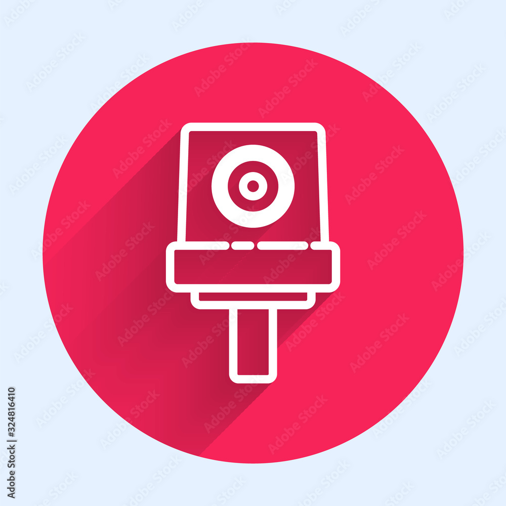 White line Spray can nozzle cap icon isolated with long shadow. Red circle button. Vector Illustrati