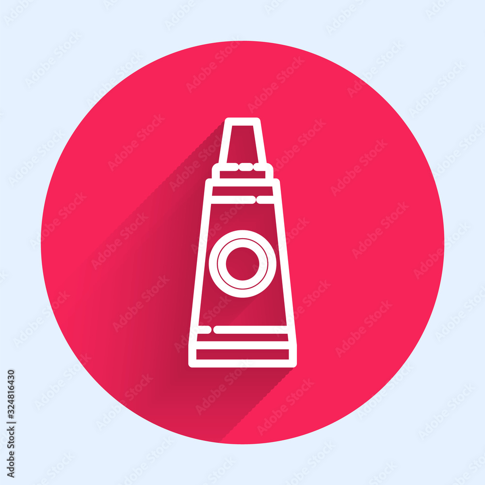 White line Tube with paint palette icon isolated with long shadow. Red circle button. Vector Illustr