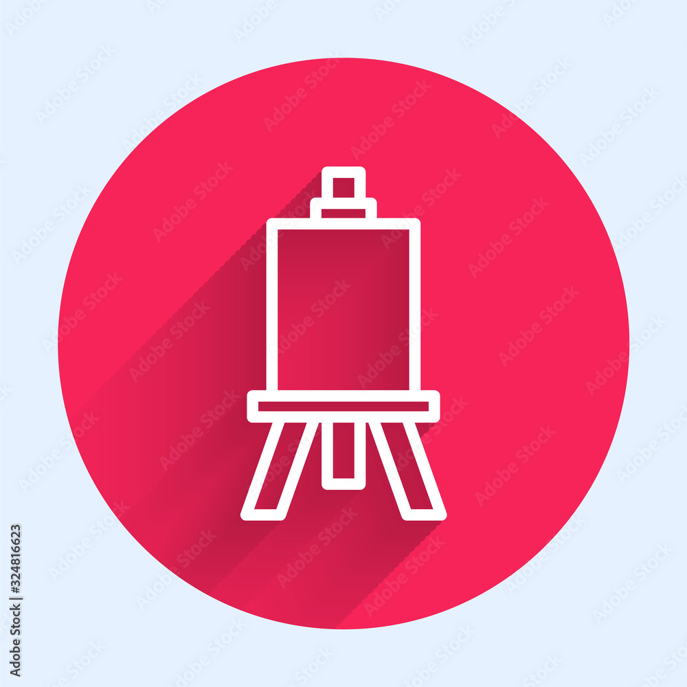 White line Wood easel or painting art boards icon isolated with long shadow. Red circle button. Vect