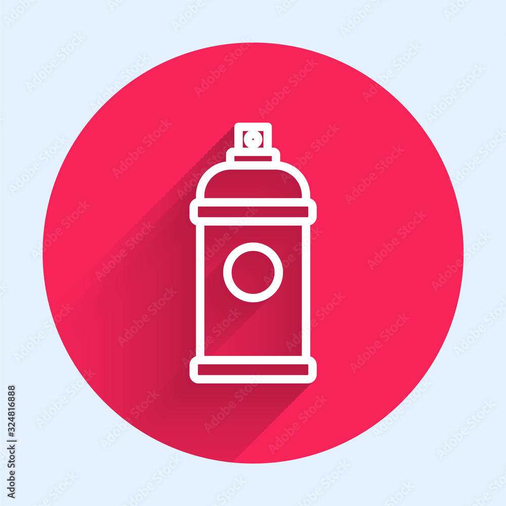 White line Paint spray can icon isolated with long shadow. Red circle button. Vector Illustration