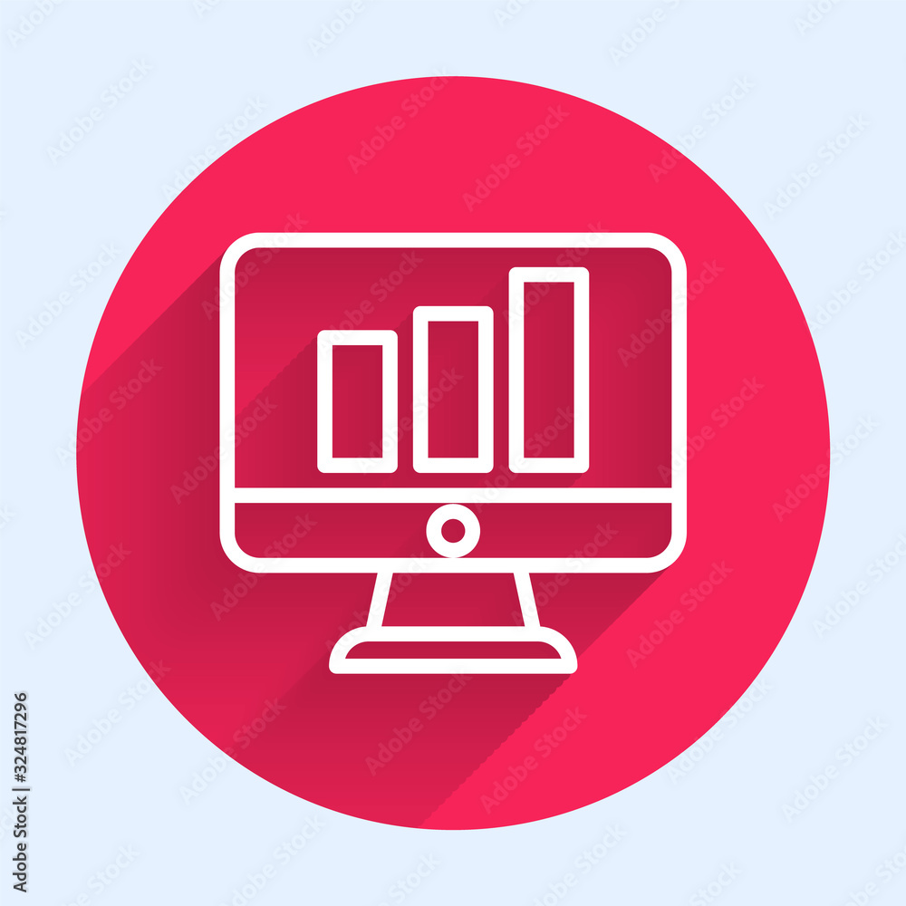 White line Computer monitor with graph chart icon isolated with long shadow. Report text file. Accou