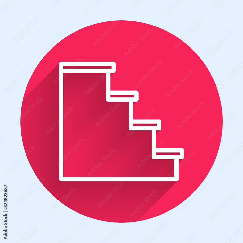 White line Staircase icon isolated with long shadow. Red circle button. Vector Illustration