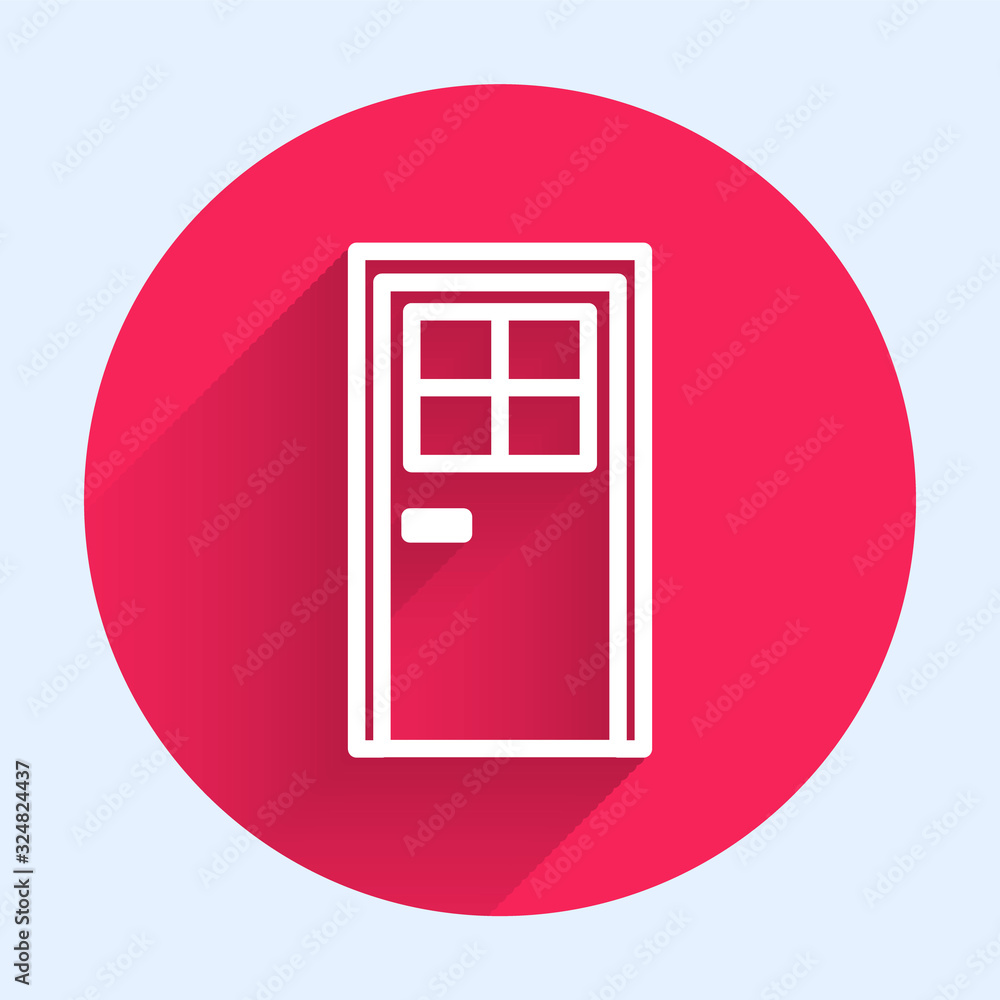 White line Closed door icon isolated with long shadow. Red circle button. Vector Illustration