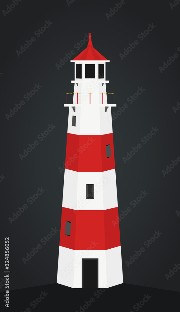 Vector cartoon lighthouse, building onshore, construction with searchlight