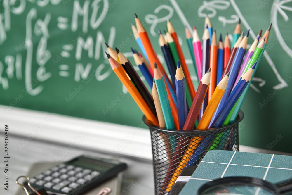 Set of school supplies on table, closeup