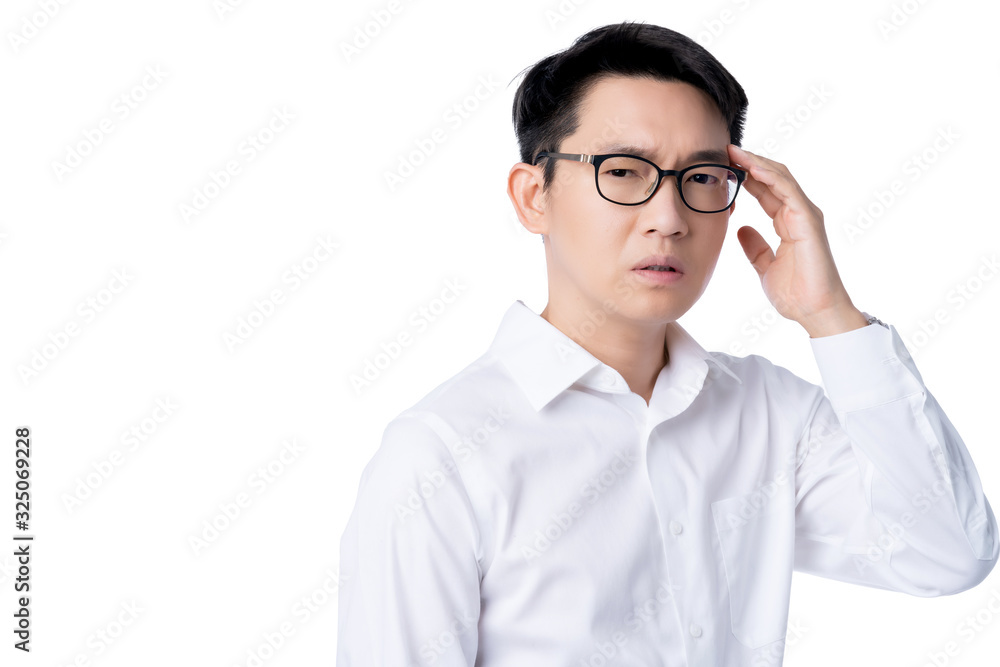 sick asian glasses male adult Headaches & Migraines hand touch head with stressful and tension white