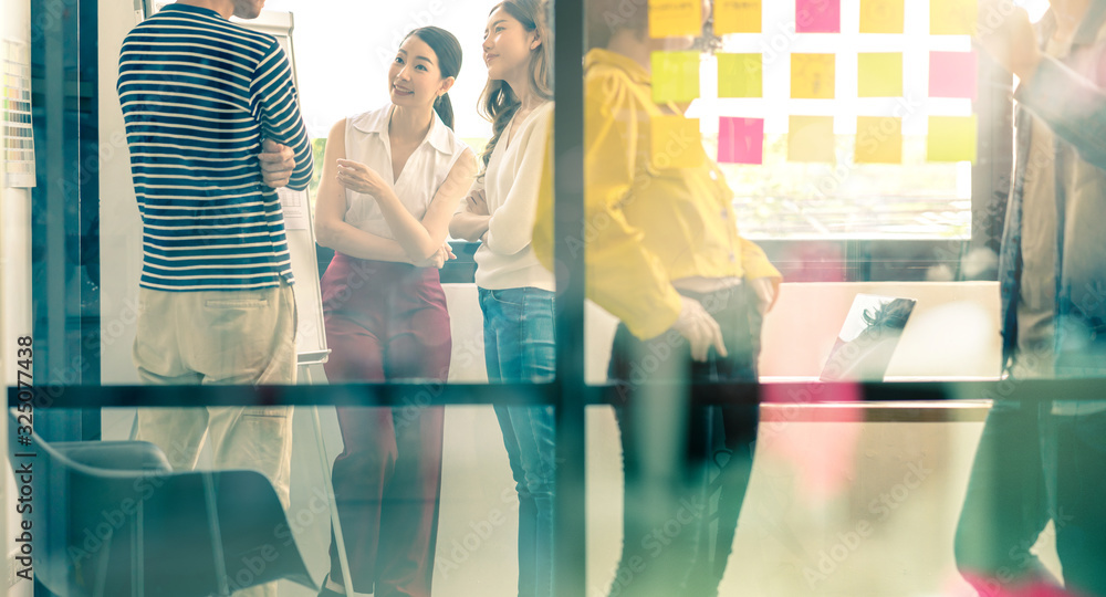 Group of asian young creative happy people entrepreneur on a business meeting office background Good