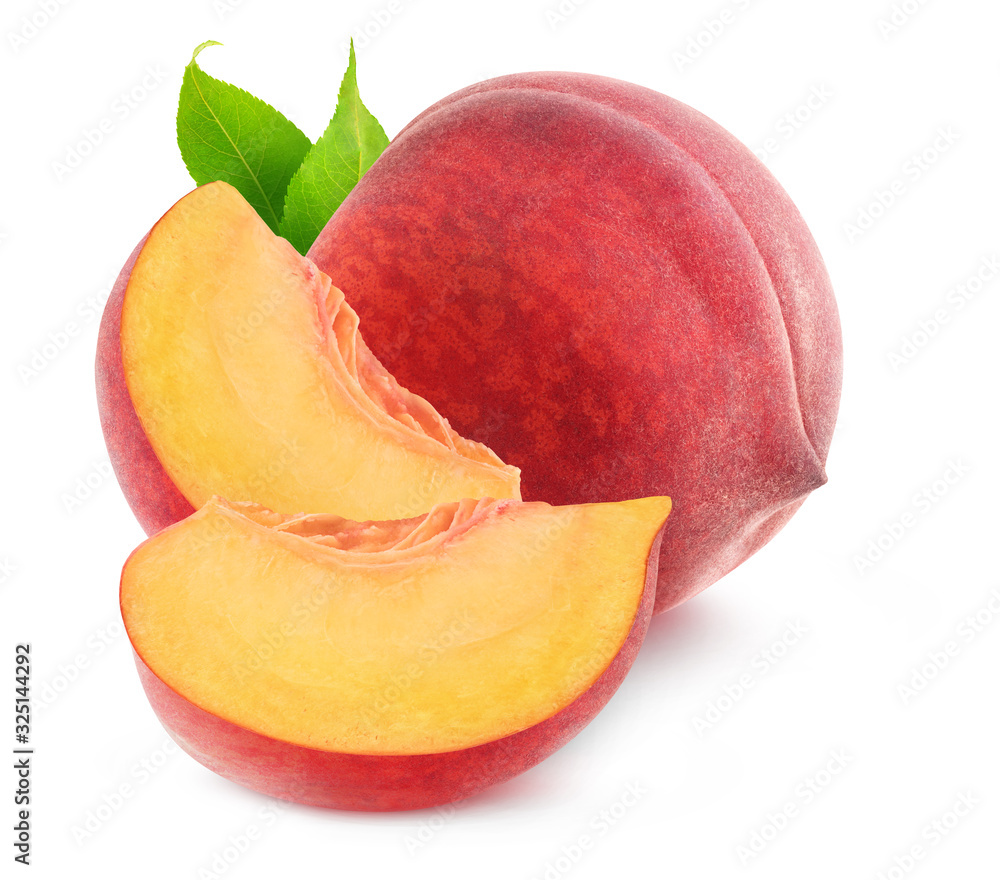 Isolated peaches. Two slices and one whole peach fruit isolated on white background with clipping pa