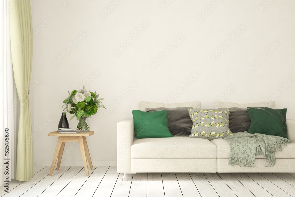 Modern living room in white color with sofa. Scandinavian interior design. 3D illustration